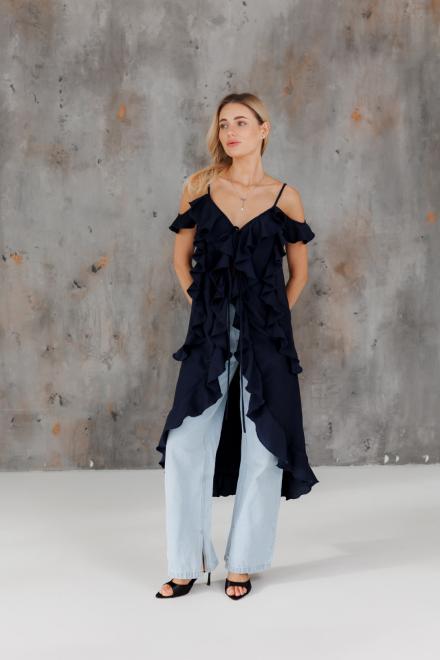 Блузка с воланами длинная синяя