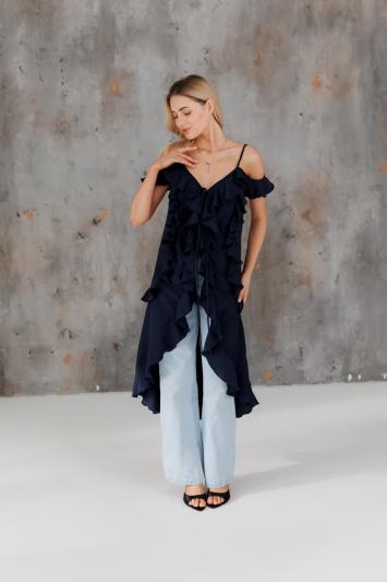 Блузка с воланами длинная синяя Блузка с воланами длинная синяя