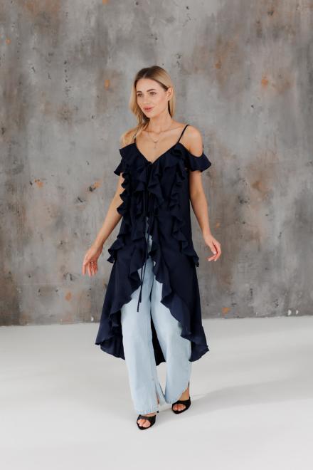 Блузка с воланами длинная синяя