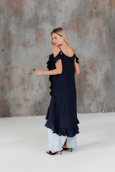 Блузка с воланами длинная синяя