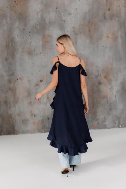 Блузка с воланами длинная синяя