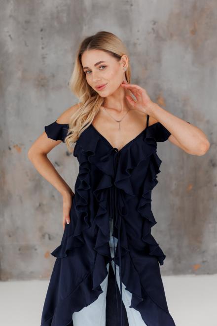 Блузка с воланами длинная синяя