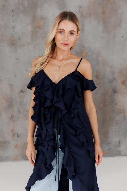 Блузка с воланами длинная синяя