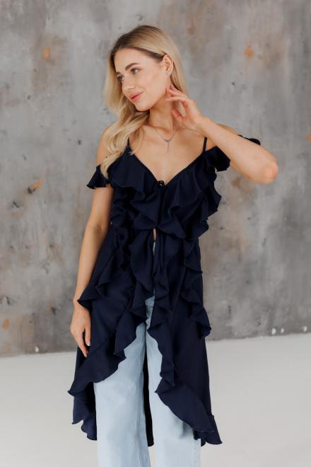 Блузка с воланами длинная синяя