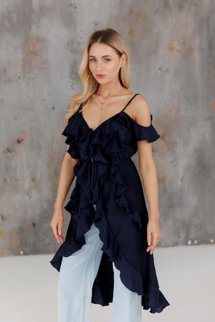 Блузка с воланами длинная синяя