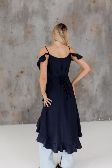 Блузка с воланами длинная синяя