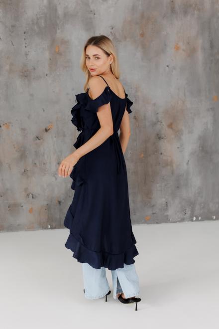 Блузка с воланами длинная синяя