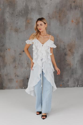 Блузка с воланами длинная молочная Блузка с воланами длинная молочная