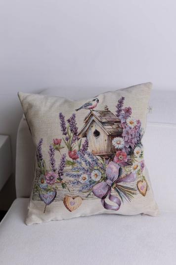 Декоративна гобеленова подушка Лавандовий садочок пташка на шпаківні Декоративна гобеленова подушка Лавандовий садочок пташка на шпаківні