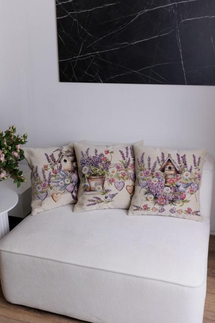 Декоративная гобеленовая подушка Лавандовый садик птичка в цветах