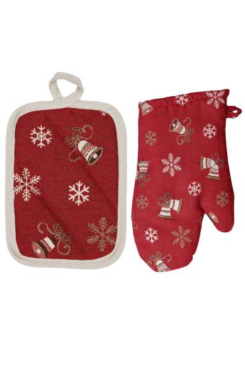 Набір новорічний рукавичка та прихватка для кухні Дзвіночки на червоному