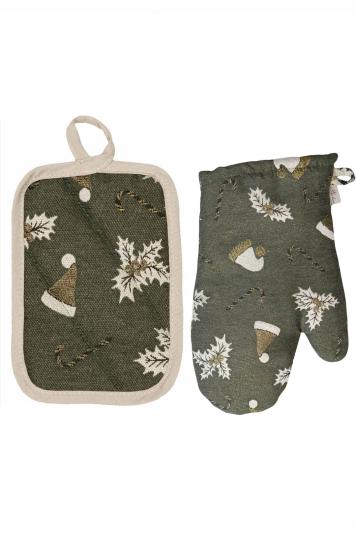 Набір новорічний рукавичка та прихватка для кухні Шапочки на зеленому