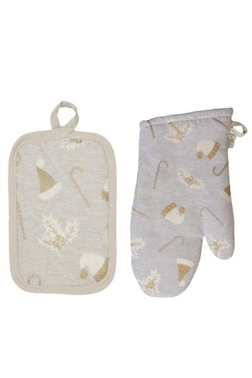 Набір новорічний рукавичка та прихватка для кухні Шапочки на бежевому