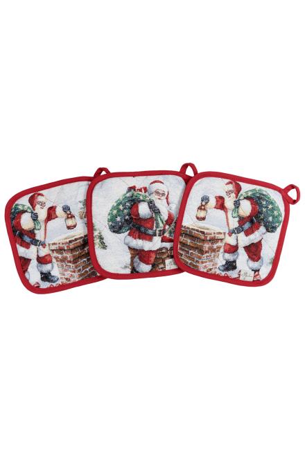 Гобеленова кухонна новорічна прихватка з велюром Санта Снігова зима