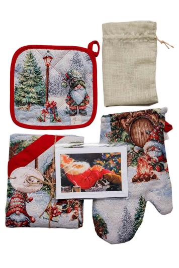 Новорічний подарунковий набір текстилю для кухні Різдвяне багаття Новорічний подарунковий набір текстилю для кухні Різдвяне багаття