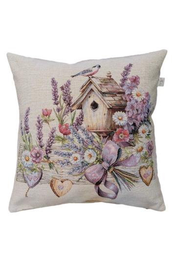 Декоративна гобеленова наволочка Лавандовий садочок пташка на шпаківні Декоративна гобеленова наволочка Лавандовий садочок пташка на шпаківні