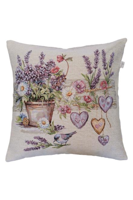Декоративная гобеленовая подушка Лавандовый садик птичка в цветах