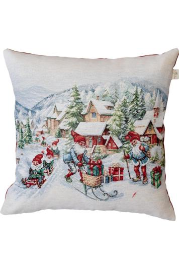 Подушка гобеленова з велюром Снігова зима Салазки