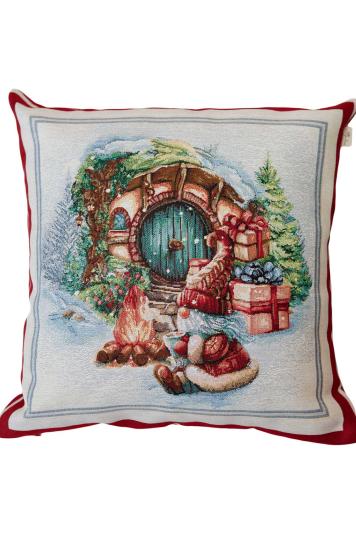 Наволочка гобеленовая новогодняя Гном возле синей двери