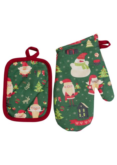 Набір рукавичка та прихватка Санта на зеленому