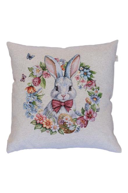 Пасхальная гобеленовая подушка Соцветие зайчонок в веночке