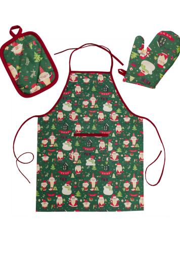 Набір новорічний 3 од рукавичка,прихватка та фартух Санта на зеленому