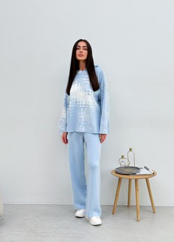 В'язаний жіночий костюм світшот зі штанами блакитний Vibe