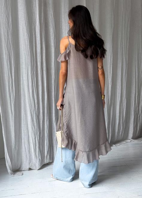 Блузка с воланами длинная кофейная