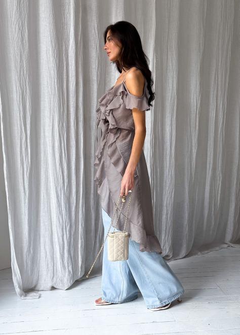 Блузка с воланами длинная кофейная