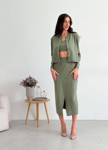 Женский костюм тройка с юбкой Хаки Женский костюм тройка с юбкой Хаки