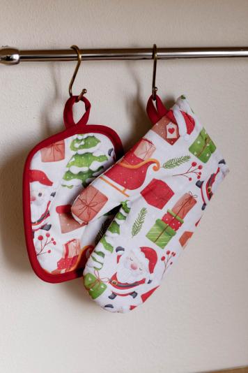 Набір рукавичка та прихватка Санта на білому