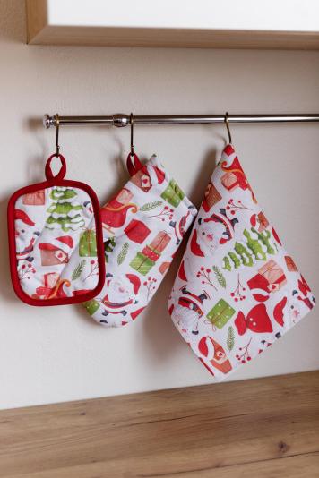 Набір новорічний 3 од рукавичка,прихватка та вафельний рушник Санта на білому