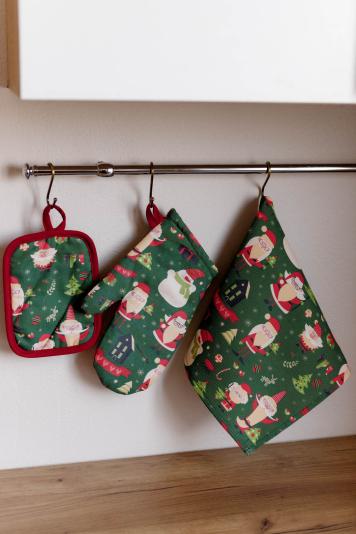 Набір новорічний 3 од рукавичка,прихватка та вафельний рушник Санта на зеленому
