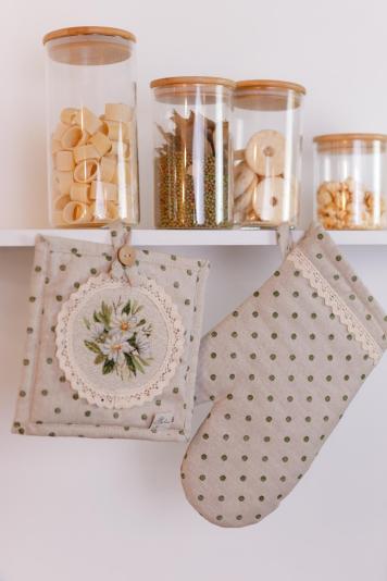 Набір рукавичка та прихватка Вінтаж зелені горошки