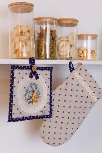 Набір рукавичка та прихватка Вінтаж сині горошки