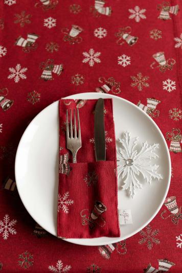 Новорічний чохол для столових приборів Дзвіночки на червоному