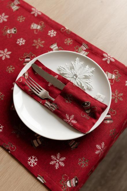 Новорічний чохол для столових приборів Дзвіночки на червоному