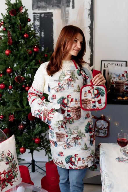 Гобеленова кухонна новорічна прихватка з велюром Санта Снігова зима